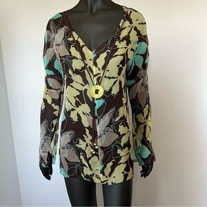 🪽Sheer 100% Silk Boho Floral Blouse | Earth Tones | M